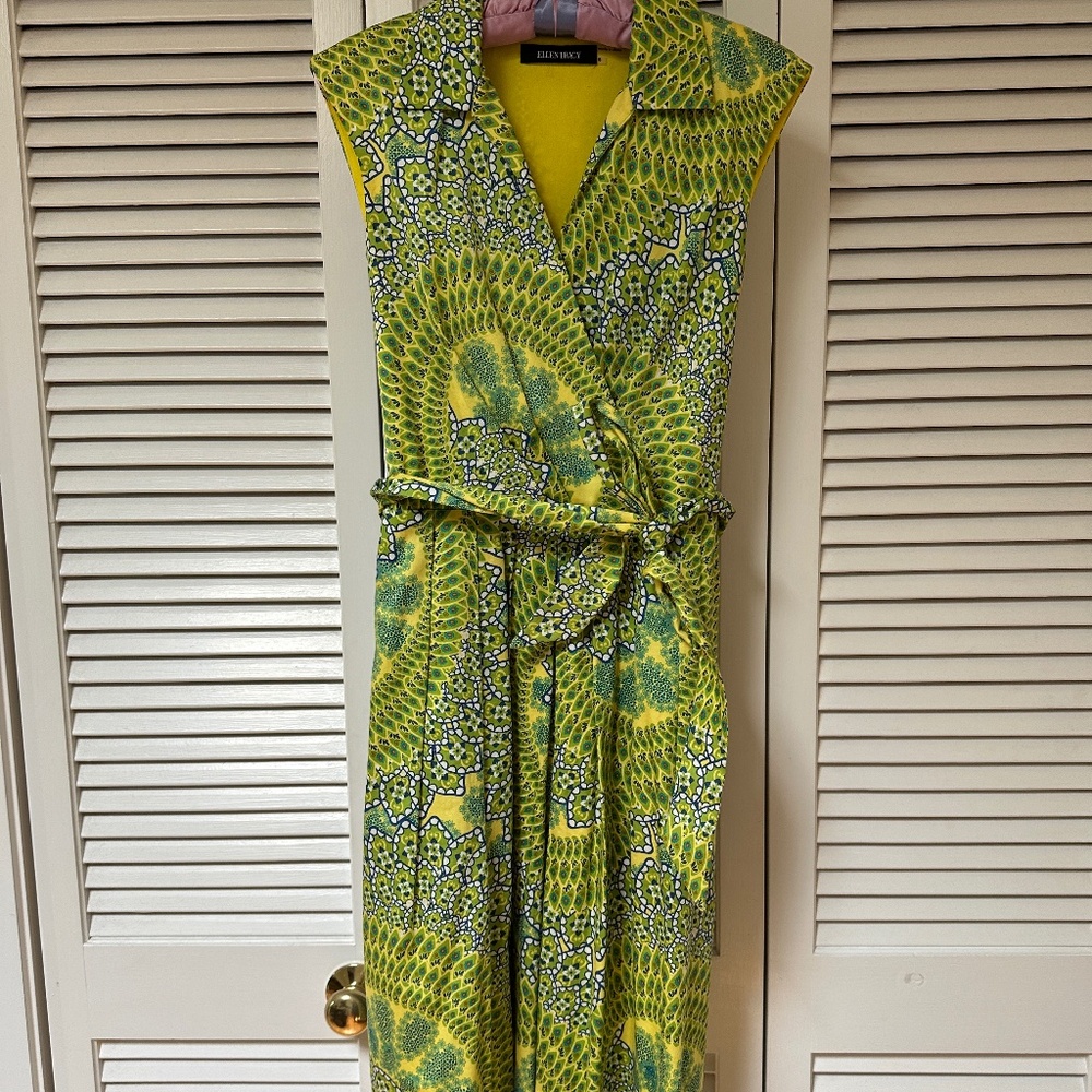 Ellen Tracy Cotton Print V Neck Sleeveless Dress Pockets Lined Size 6